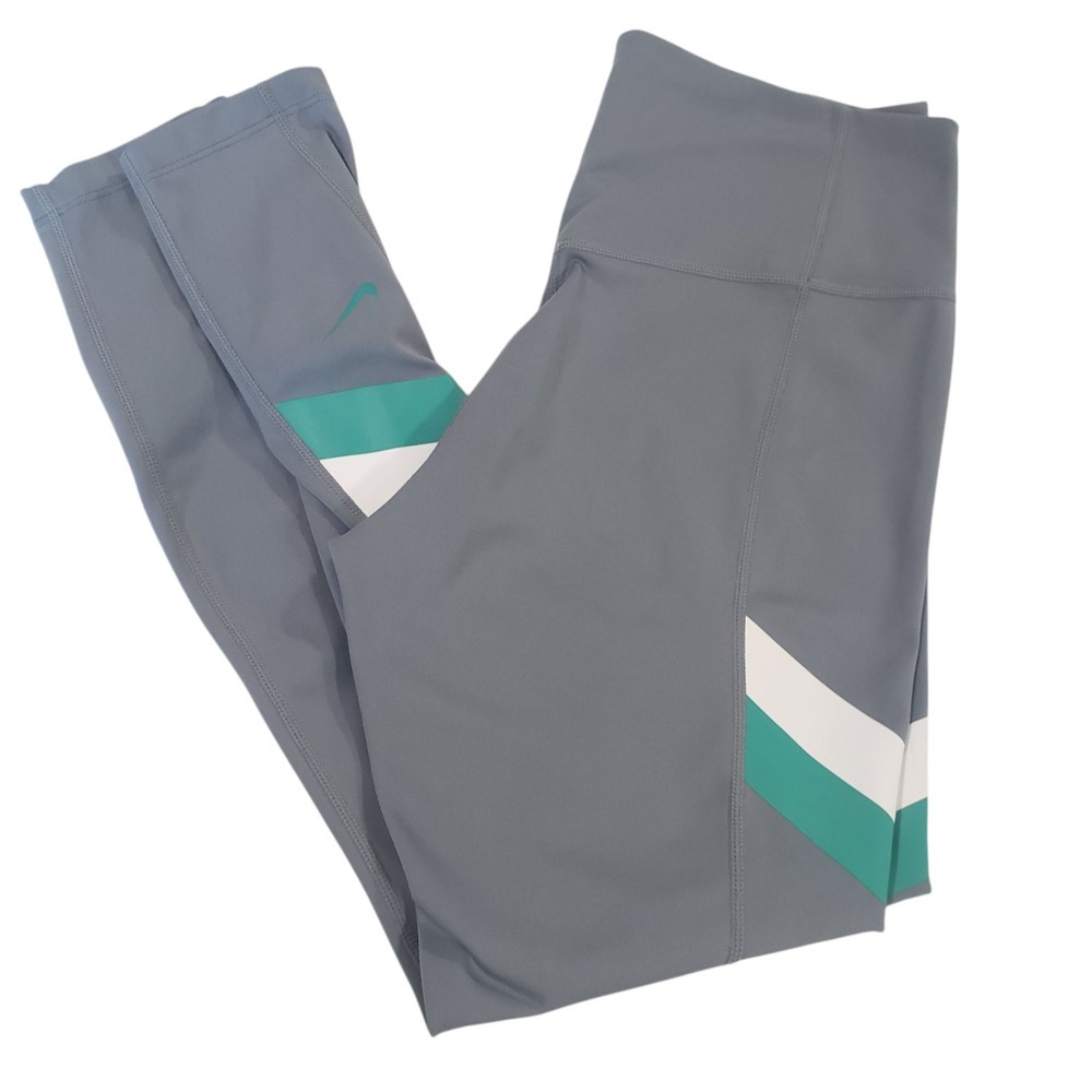 Nike High Waisted Leggings Womens Gray M Dri Fit Colorblock‎ Check Logo Gym Play